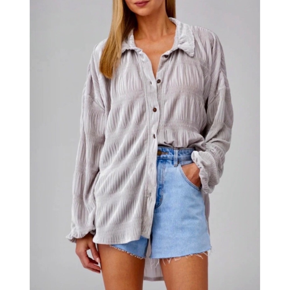 Free People My Best Top M Winter Fog Velvet Blouse Oversized Shirt Festival